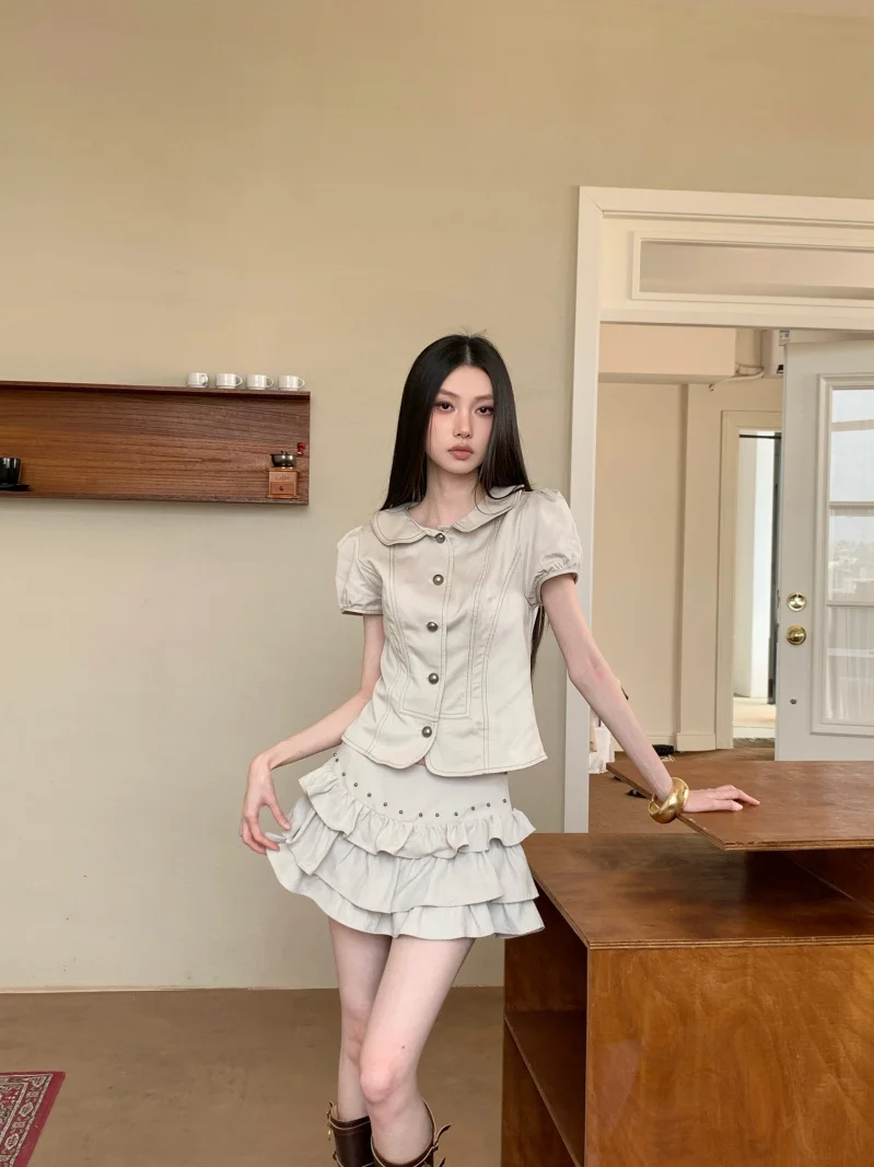 Sweet Cool Cotton Blend Peter Pan Collar Bubble Sleeve Top And Bottom Set Design Sense Bubble Sleeve Peter Pan Collar Top Set