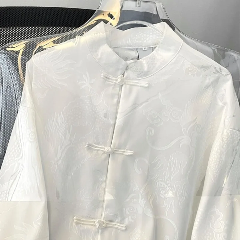 Camisa Feminina Casual de Tecido com Sensação de Gelo, Estilo Asiático Chic, Bordado Refinado, Tops Unissex Novos