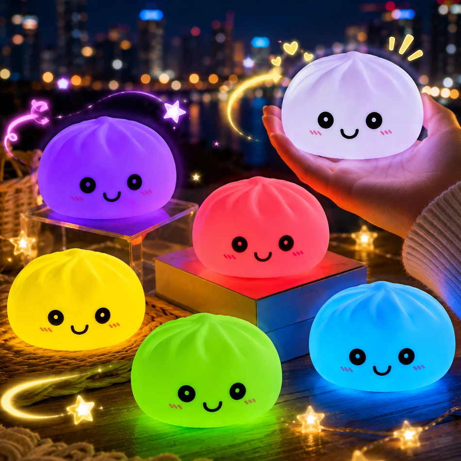 Leuchtender LED-Brötchen-Squishy, Glühender Stressball, Leuchtendes Blasen-Spuckendes Brötchen, Realistisches Dampfbrötchen, Ästhetische Schreibtischdekoration
