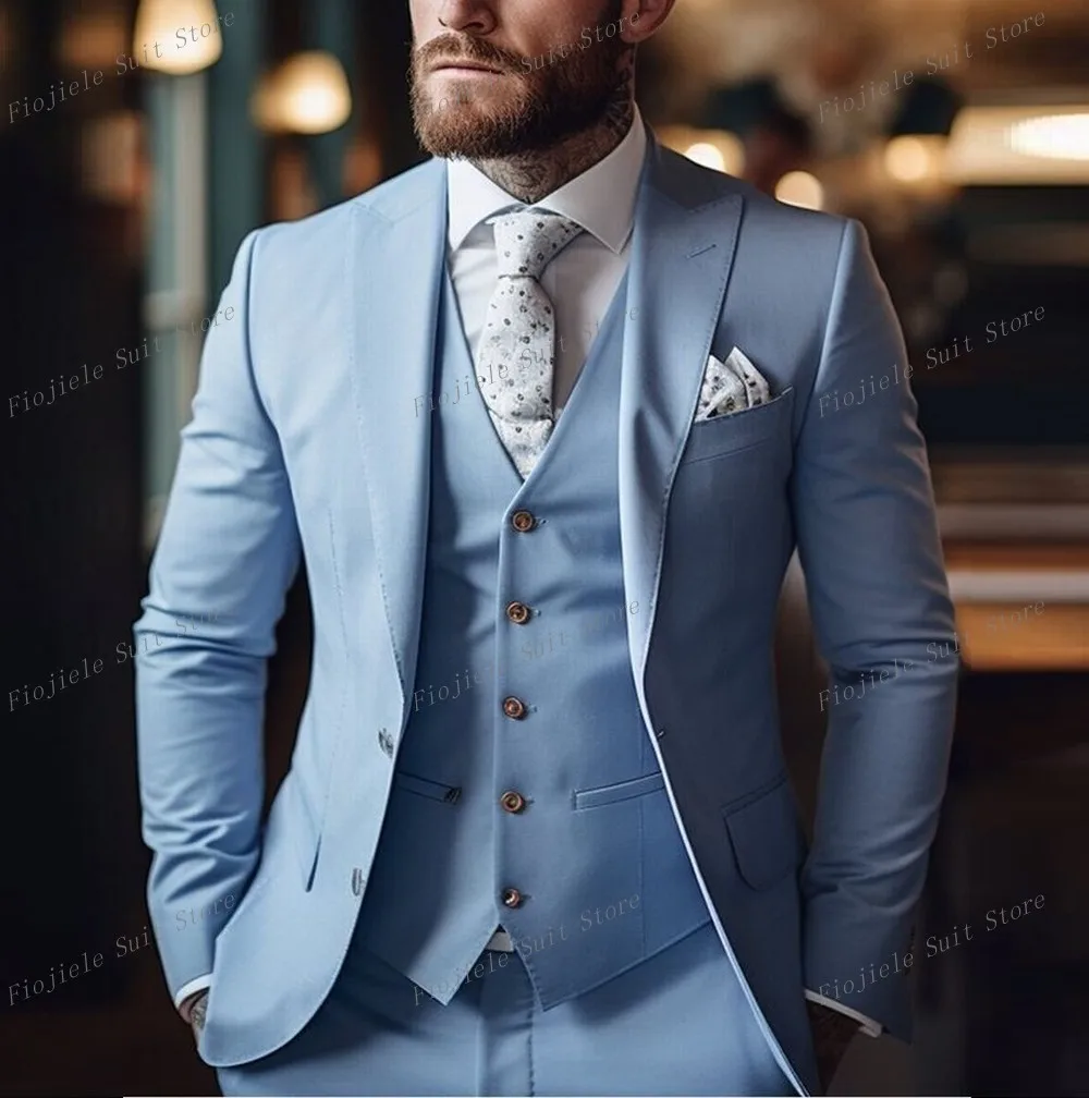 

Sky Blue Groom Groomsman Men Business Suit Wedding Party Special Occasions Male Tuxedo Jacket Pants Vest 3 Piece Set