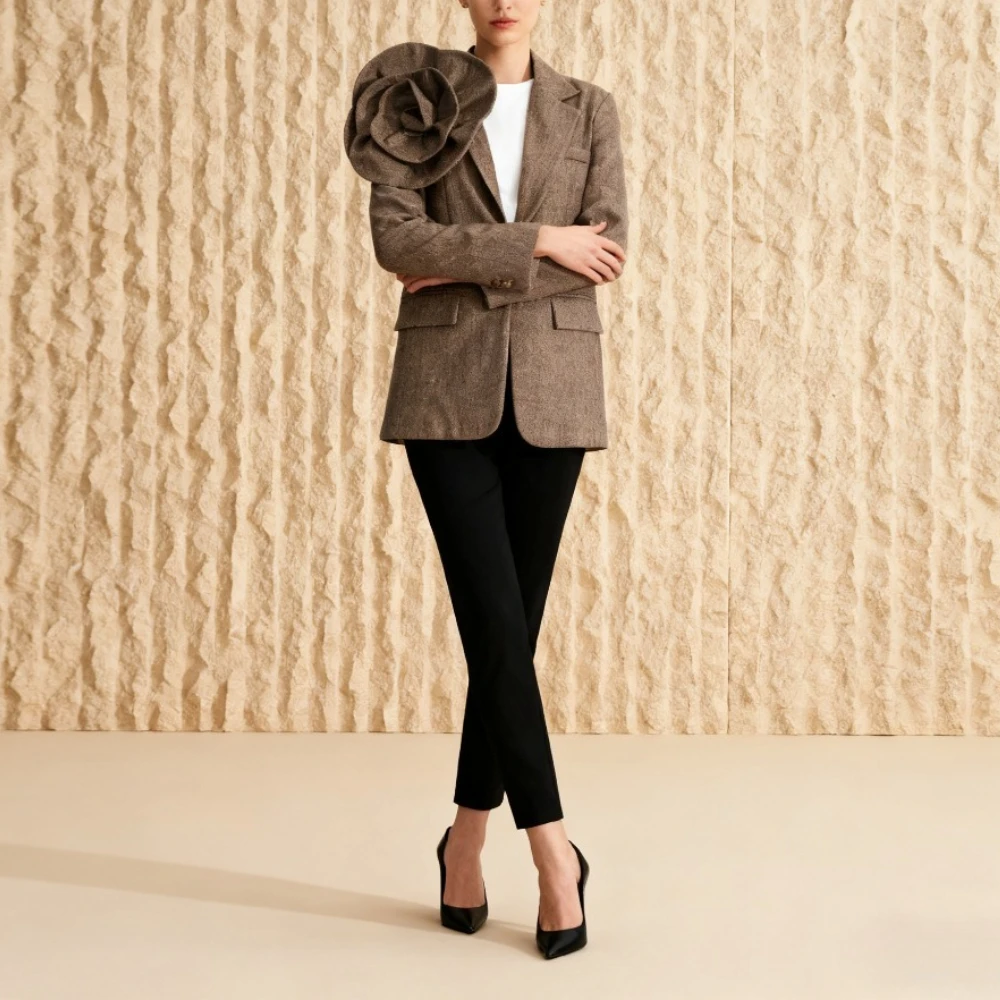 VGH Blazer stile applique da sera per donna Colletto dentellato Manica lunga Cappotto con bottone singolo impiombato Tendenza moda femminile