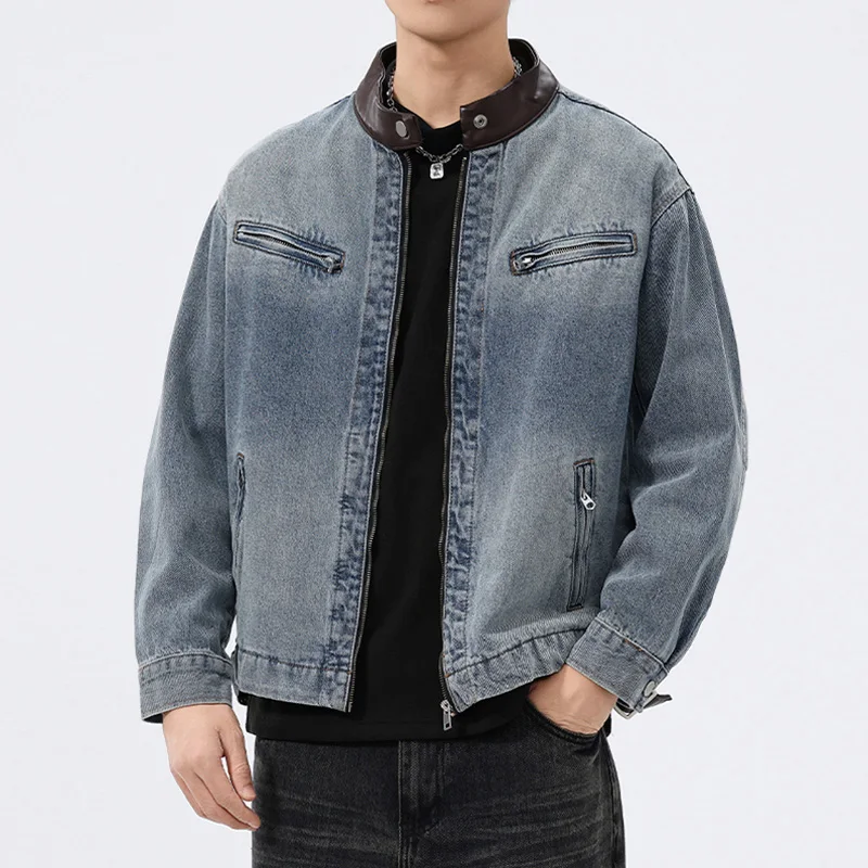 Stand Leather Collar Denim Jacket Men Fashion Vintage Loose Casual Washed Cotton Jeans Motorcycle Jacket Male Spring Autumn Coat