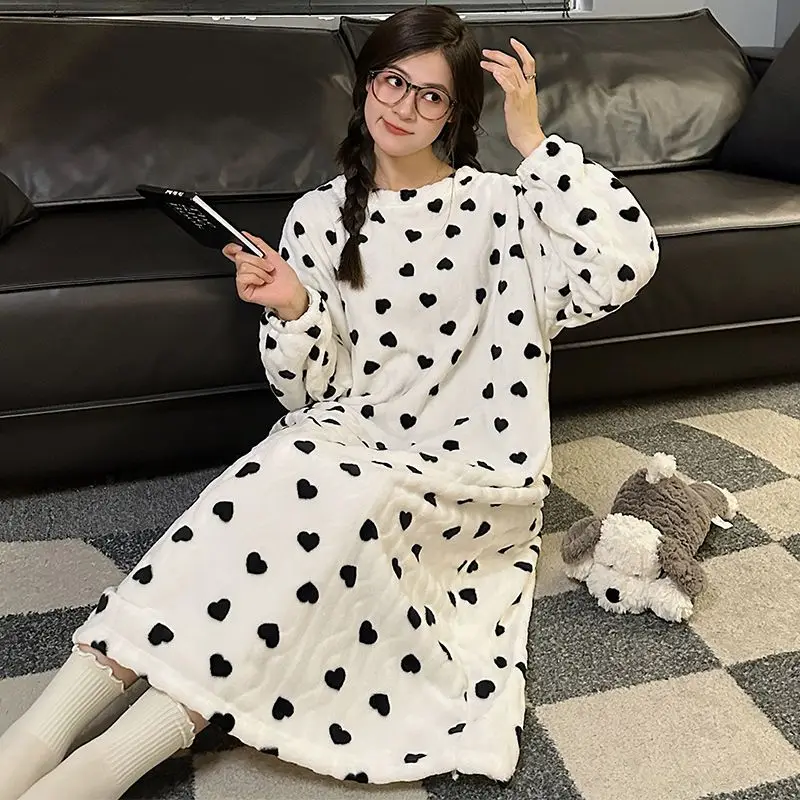 

2025 зимняя толстая теплая фланелевая ночная рубашка с длинным рукавом и принтом для женщин, корейская бархатная одежда для сна кораллового цвета, ночное платье, ночная рубашка, ночная рубашка