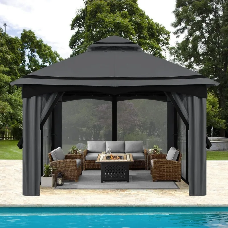 Gazebo para patio al aire libre de 10x10 pies con mosquitera para patio trasero, jardín, gris oscuro, bien diseñado, adecuado para múltiples ocasiones