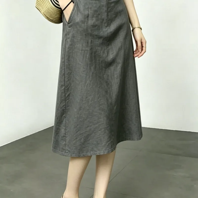 New High Quality Slim Midi Skirt Simple Office Lady A-Line Luxury Skirt Pockets Classics Elegant Jupe Solid Color