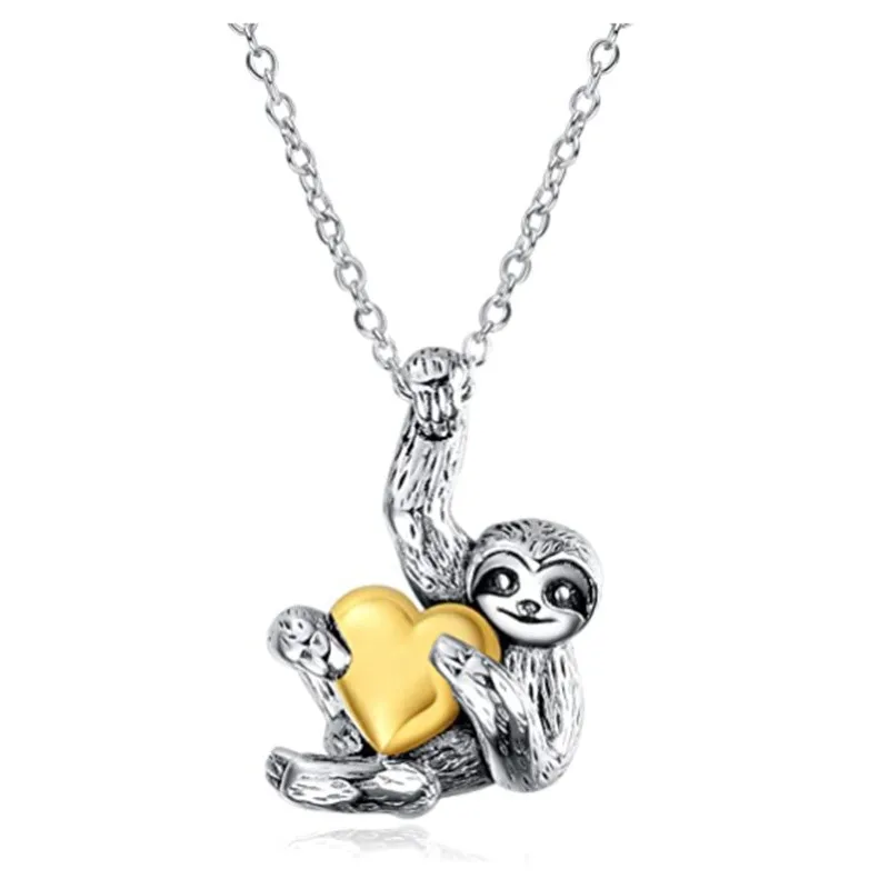 Fashion Heart Hugging Sloth Necklace Long Chain Sloth Pendant Engagement Necklaces for Women Animal Jewelry Anniversary Gift