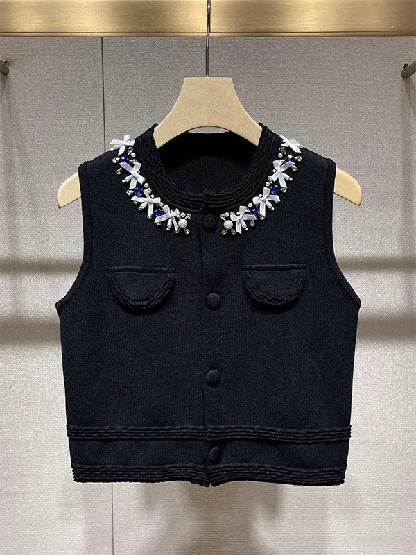 

New Heavy Embellied round Ne Svel Knitted Vest Women's Top Luxury Sle Diamond Decorated ort Cardigan