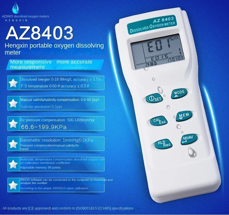 Dissolved Oxygen Detector Portable Aquaculture Dissolved Oxygen Meter Dissolved Oxygen Analyzer Water Quality Tester AZ8403