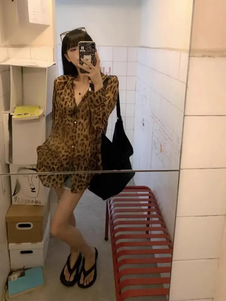 Vintage Hotsweet Leopard Chiffon Women Shirt Button Up Single Breasted Long Sleeve Autumn Tops 2000s Y2k Shirts Blouses Tops