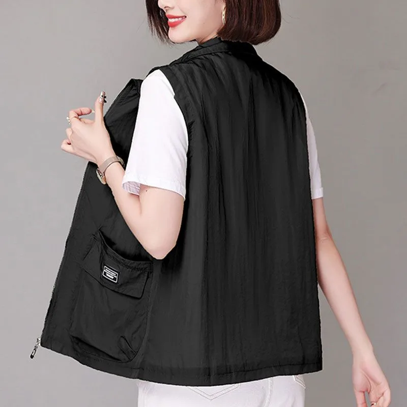 Light Breathable 2024 Summer New Vest Coat Female Fashion Western-Style Sun Protection Sleeveless Jacket Women Waistcoat Tops