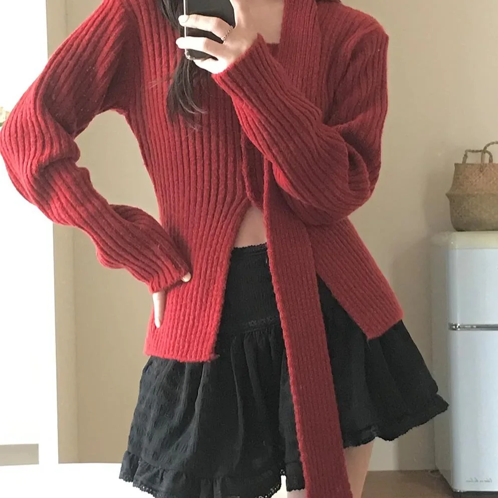 Korean Style Knitted Cardigan Slim Fit Vertical Pit Stripe Design Casual Style Women's Sweater Top Asymmetrical Slit