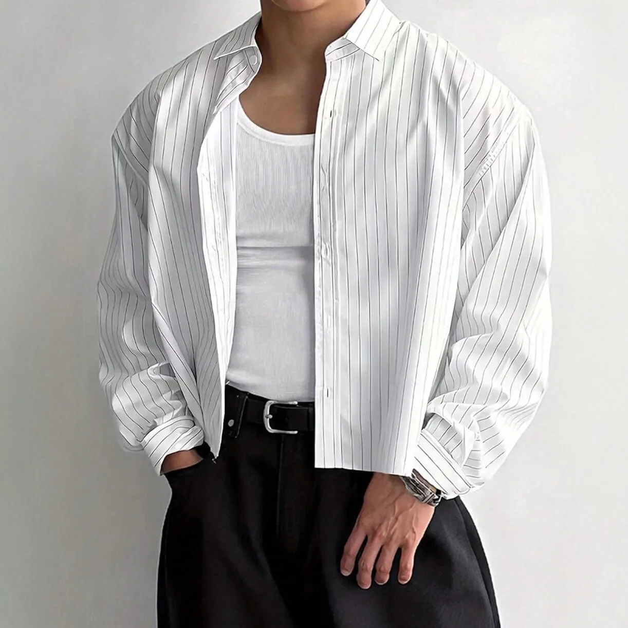 2026 Tops Korean Style Men's Casual Simple Striped Cropped Shirt Fashion Streetwear Male Hot Selling Long Sleeved Blouse White