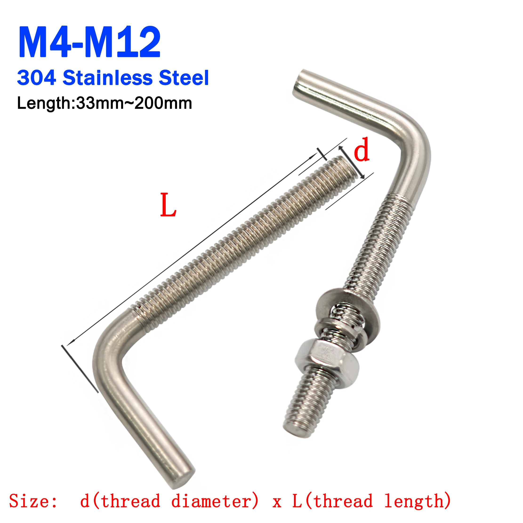 90° L-Shaped Right Angle Anchor Bolt Screw M4 M5 M6 M8 M10 M12 304 Stainless Steel Right Angle Screw