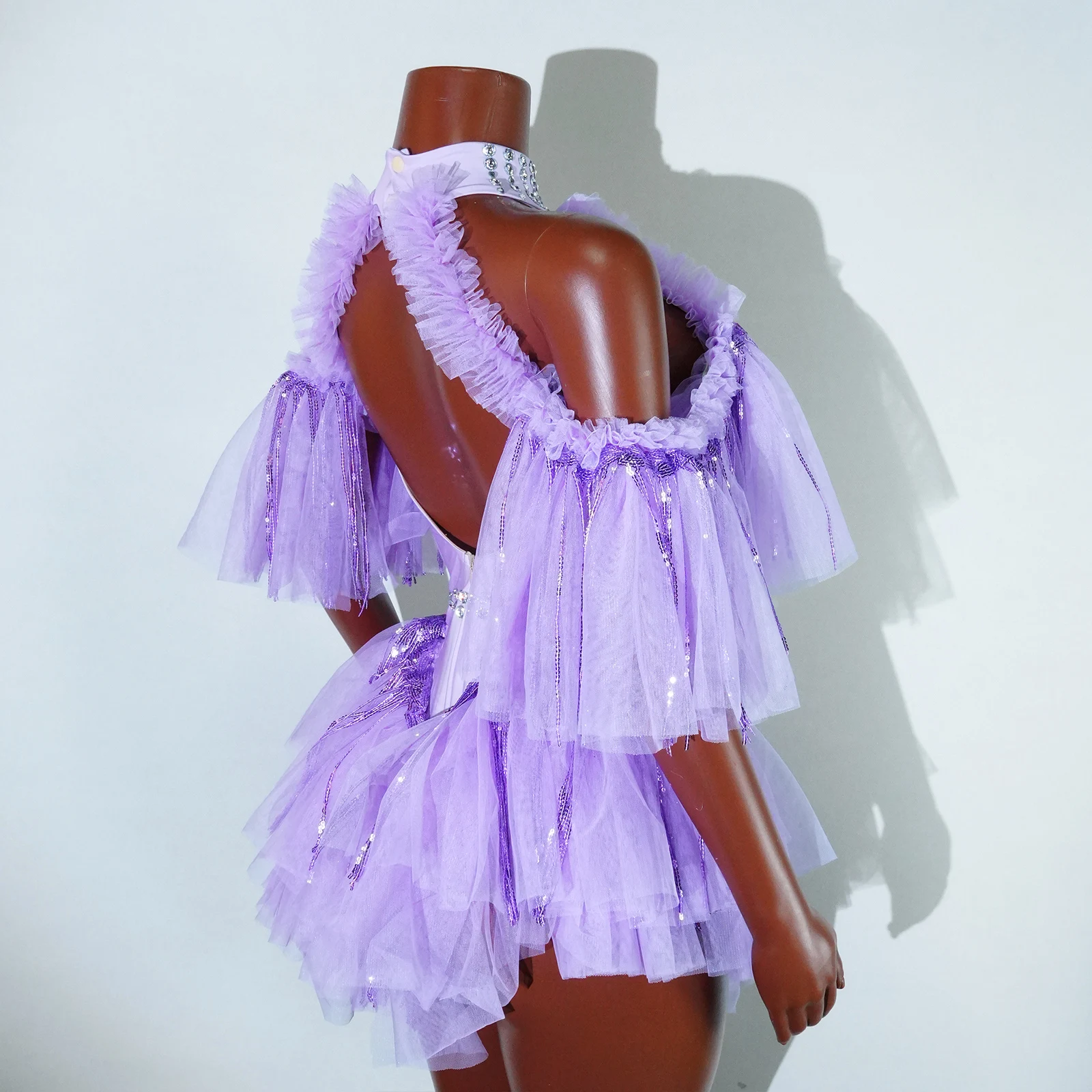 Damska Kryształowa Fioletowa Sukienka Jednoczęściowa z Falbankami, Wysoce Elastyczna, na Klub Nocny, Ukończenie Szkoły, dla Piosenkarki, na Urodziny, na Występ, Kostium Taneczny