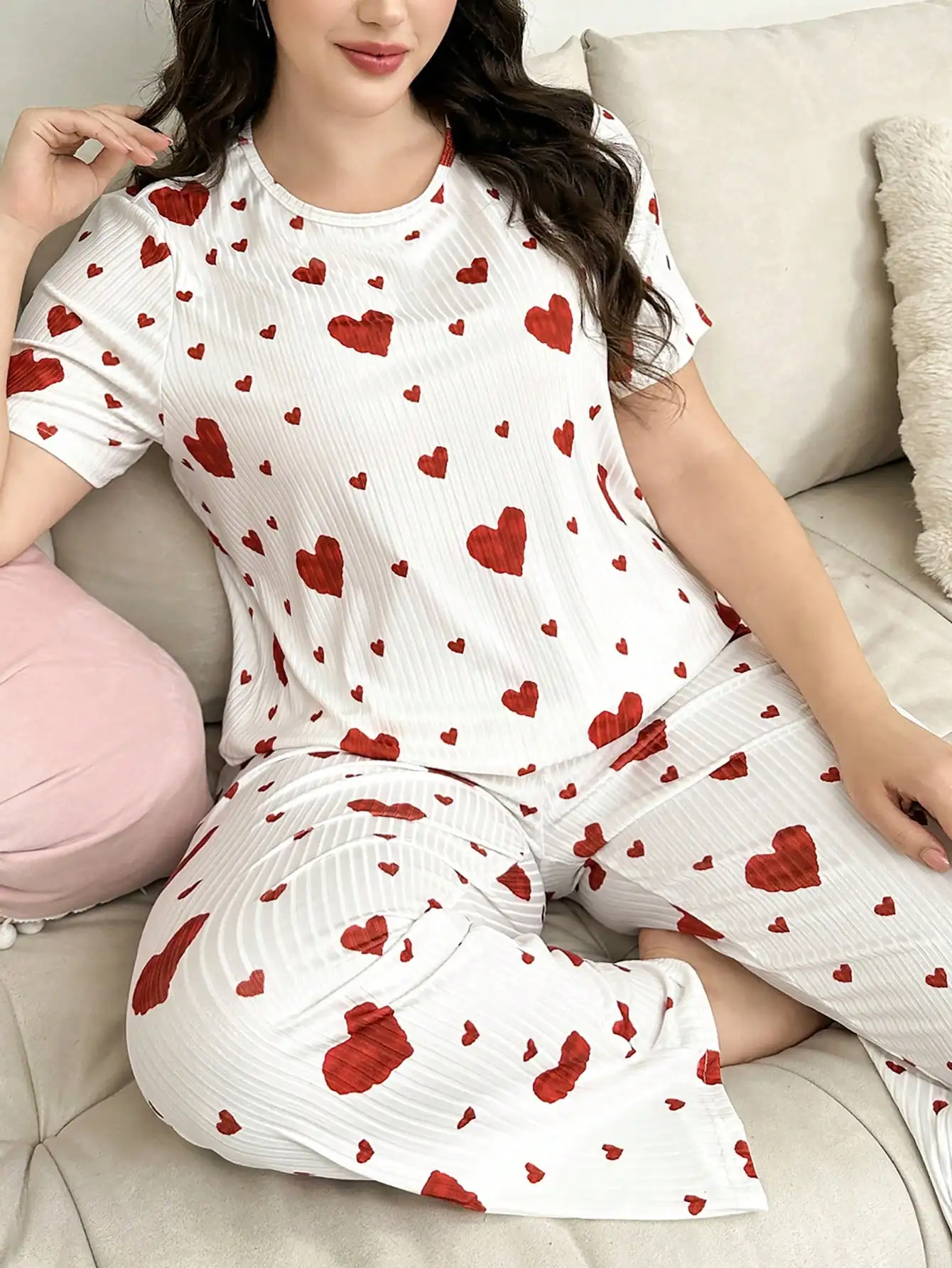 

White Ribbed Heart Print Short Sleeve Pajama Set for Women