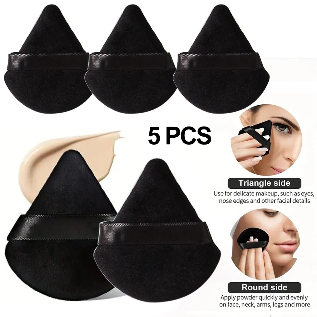 5Pcs Black Triangle Powder Puff For Loose Powder Liquid Cosmetic Soft Plush Powder Puff Makeup Foundation Puff Makeup Tool
