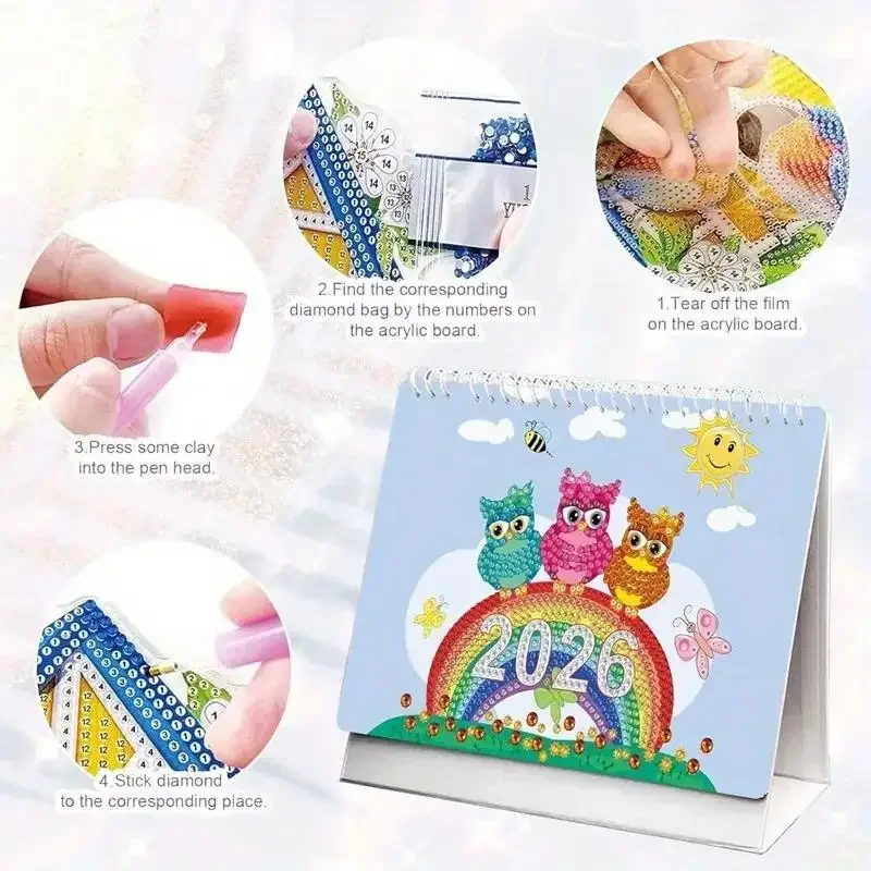 Calendario per pittura con diamanti 2026 Calendario mensile Diversi modelli su ogni pagina Kit per pittura con diamanti fai-da-te Ornamento da tavolo