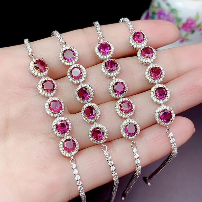 Natural Magnesium Aluminum Garnet Bracelet Female 925 Sterling Silver January Birthstone Round Cut Gemstone