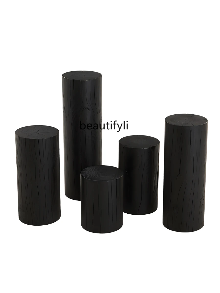 Black Cylindrical Carbonized Bed & Breakfast Log Flower Stand Display Stand Tree Pile Wooden Pile Base Decoration