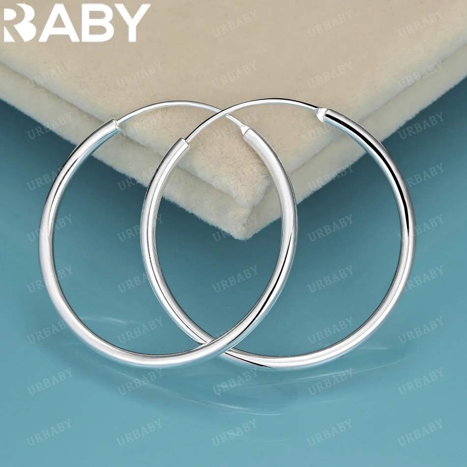 

URBABY 925 Sterling Silver 35mm Round Hoop Earring Fashion Design Beautiful Top Quality For Women Jewelry Lady Gifts