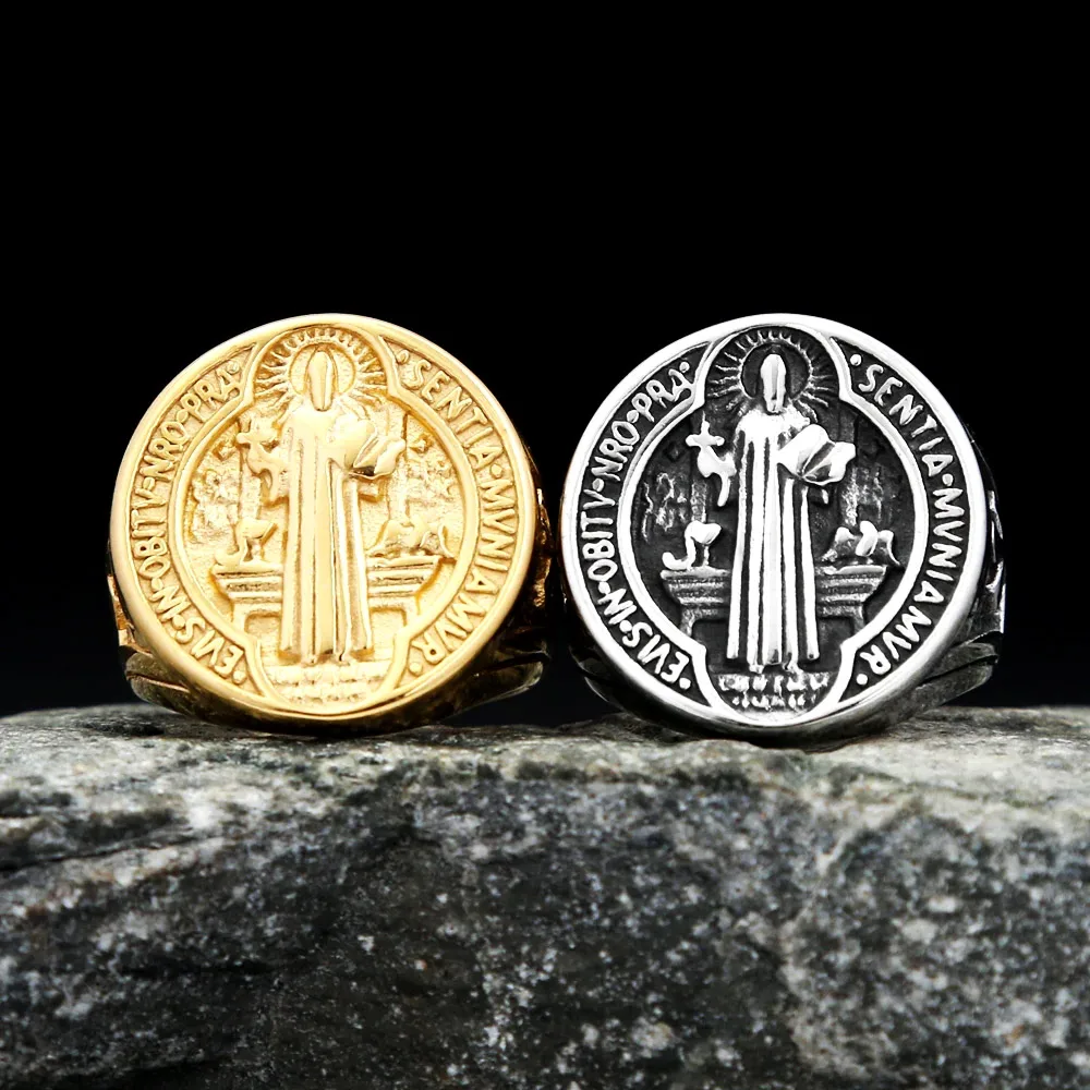 Saint Benedict Medal Stainless Steel Signet Ring Vintage Catholic Religious Cross Ring Unisex Jewelry Accessories Gifts