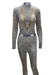 Sexy Silver Gray Rhinestones Bodysuit High Quality Party Stage Costume Crystals Pearl Jumpsuit Dj Show Singer Costume