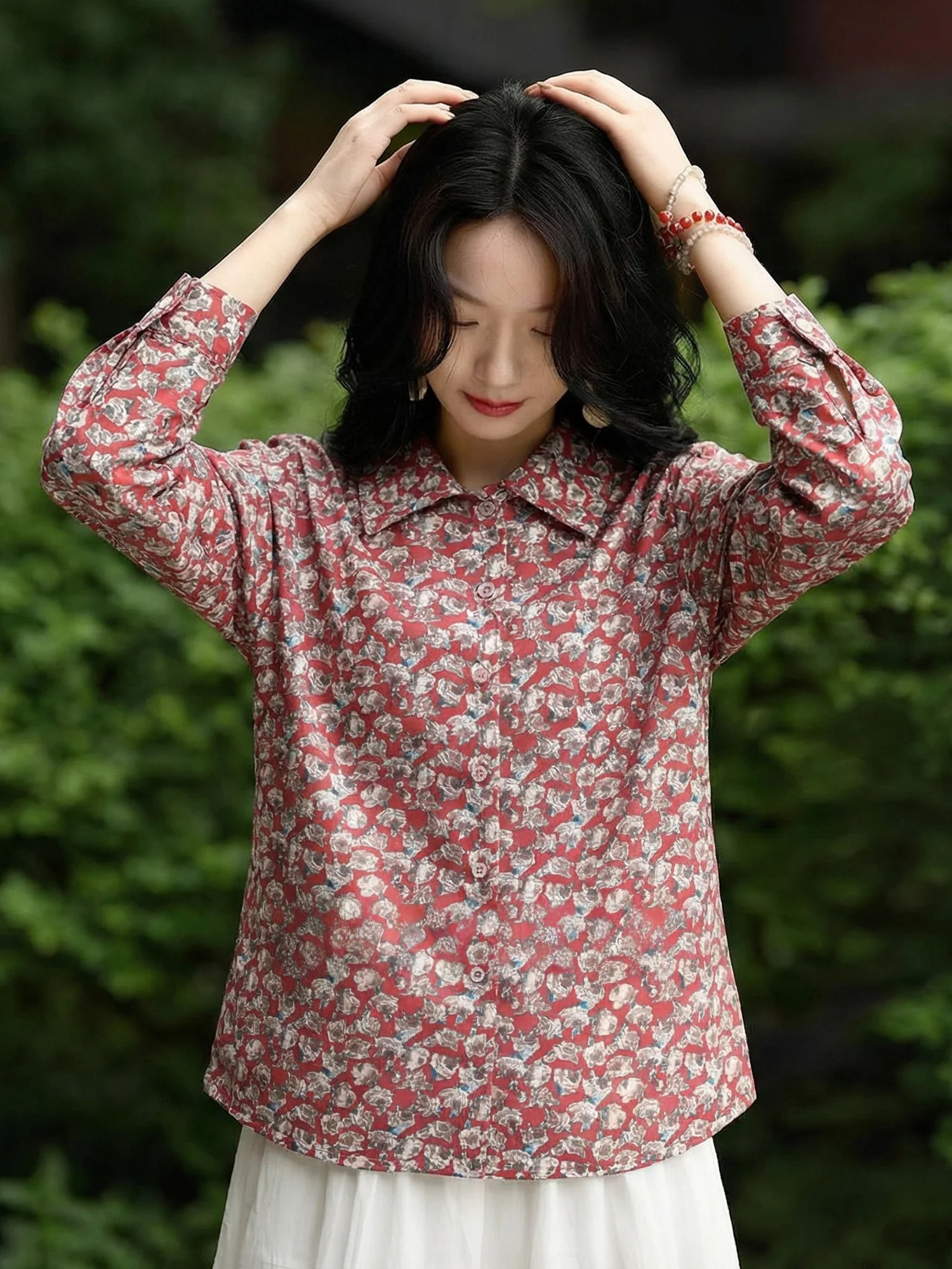 

Chivirin Vintage Floral Long Sve Loose Fit Women's irt Slimming Versatile French Sle Polyester Fiber Spring 2026 Faion