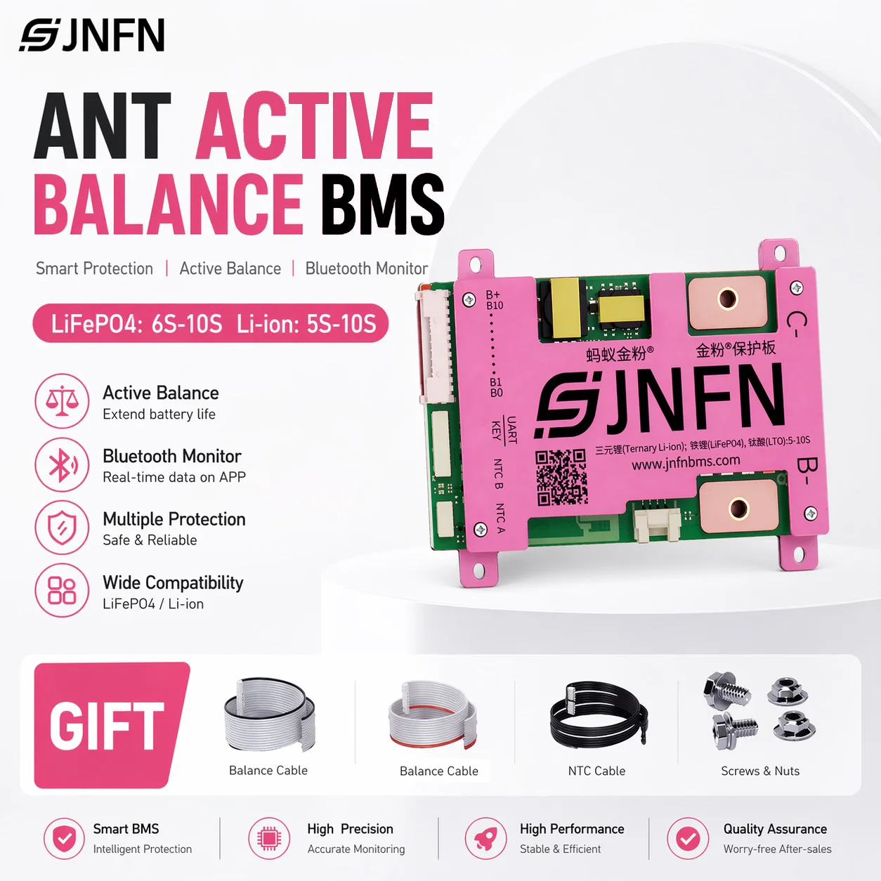

JNFN ANT BMS 1A Active balance 5-10S 24V 36V Smart bms for Lifepo4 Li-ion battery pack with RS485 Bluetooth