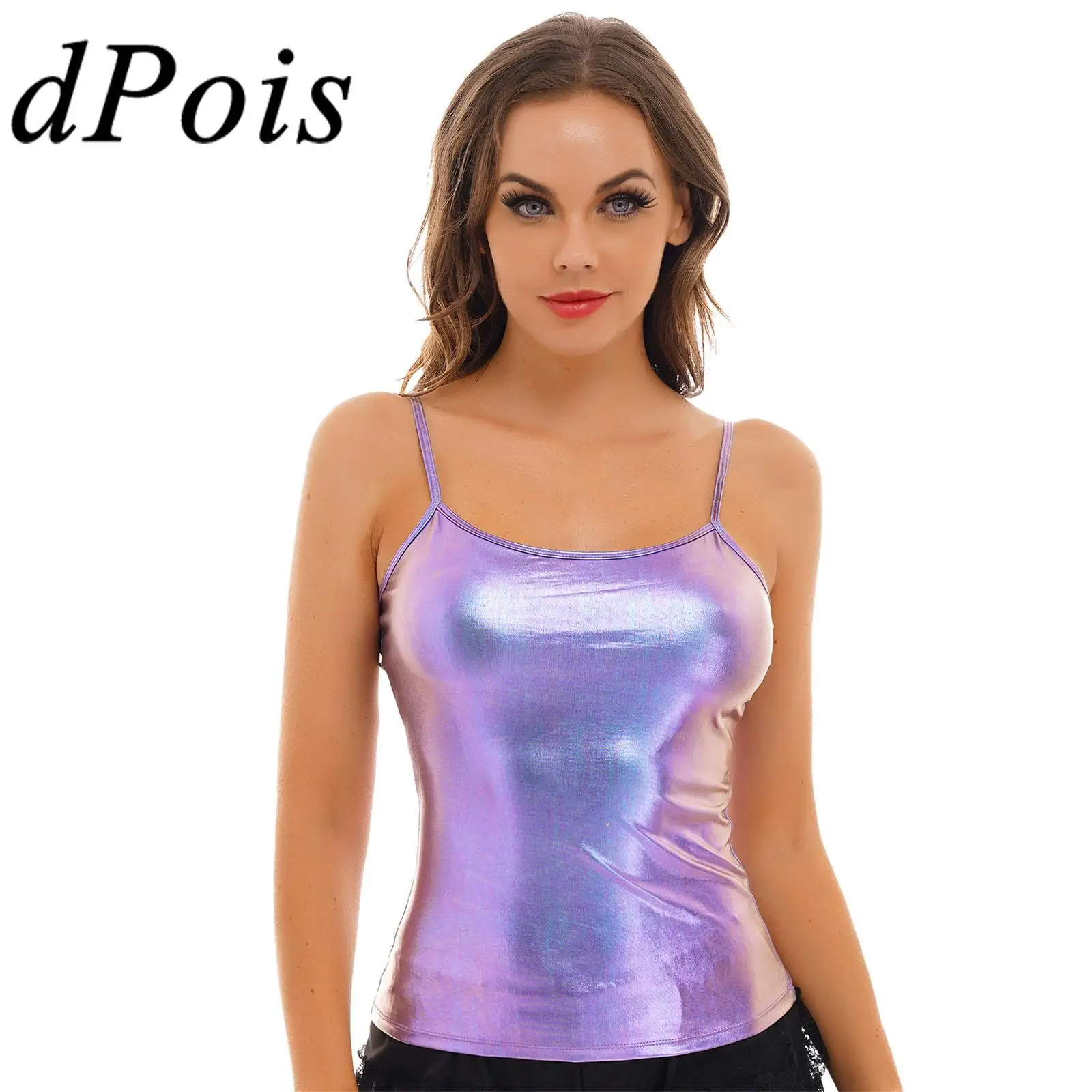 Women Shiny Sleeveless Vest Camis Top Spaghetti Straps Metallic Tank Top For Hip Hop Nightclub Club Pole Dance Costume Clubwear