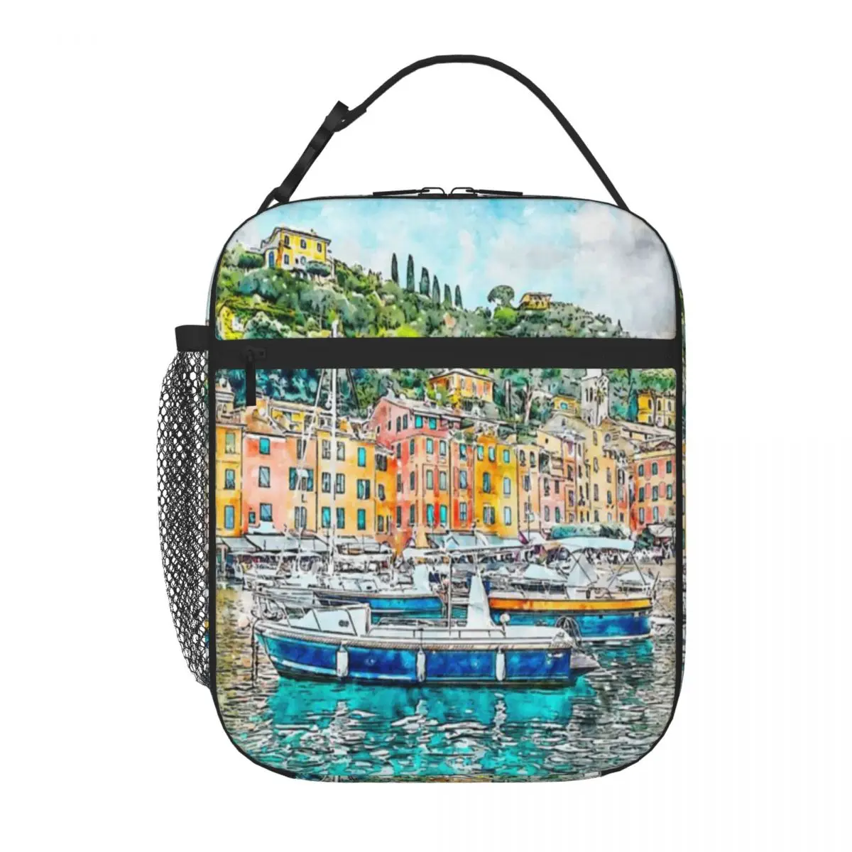 Hot Sale Portofino Bay Italy Watercolor Canvas Texture Adjustable Strap Lunch Bag High School Food Cooler Bag
