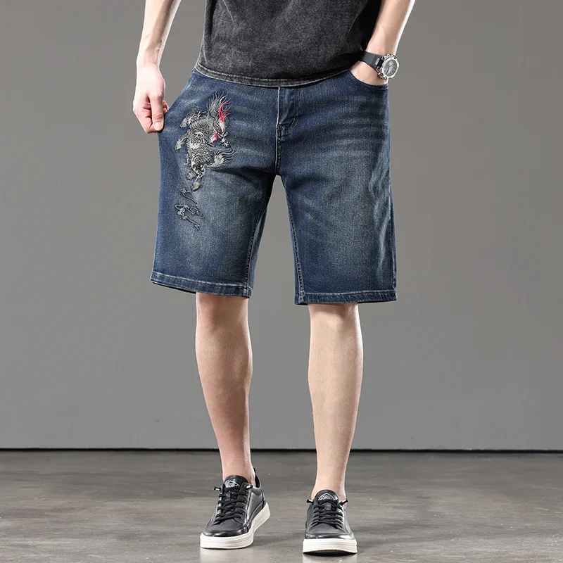 2026 summer new style men's embroidered denim shorts Straight loose large size embroidered shorts denim men's clothing