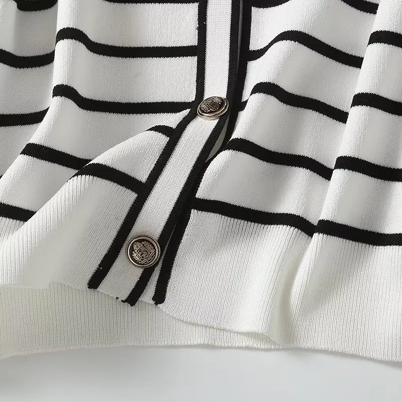 Withered French Fashion Office Ladies Single Breasted Simple Round Neck Striped Top Knit Cardigan Casual Sweaters Women