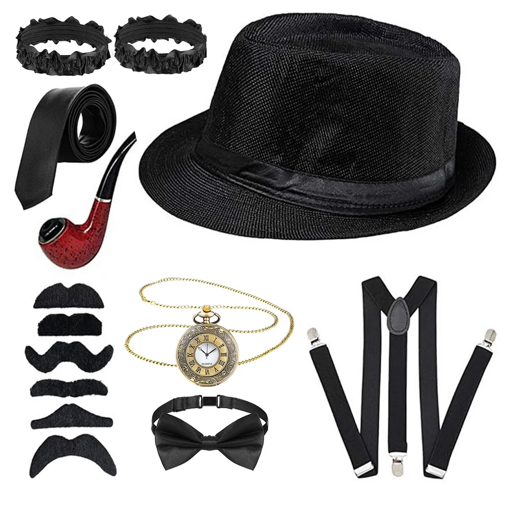 1920s Aksesori kostum pria Set untuk dewasa, berkobar Retro 20s Gatsby Gangster pakaian kostum dengan rompi topi Fedora