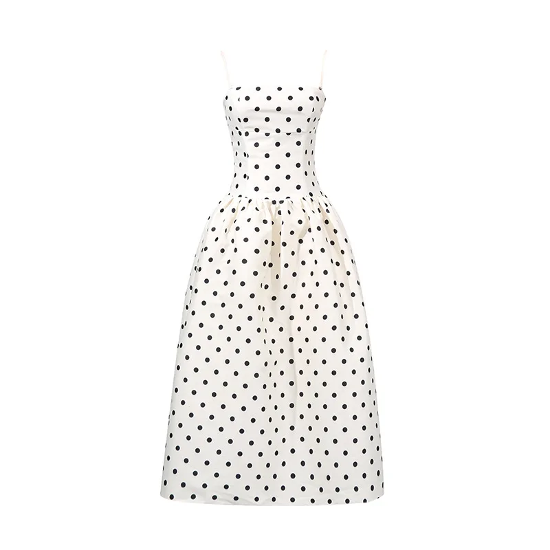 

Black Polka Dot A-line Long Dress Women Simple Vintage Cinched Sleeveless Suspender Vestidos Elegant Casual Fashion Maxi Dresses