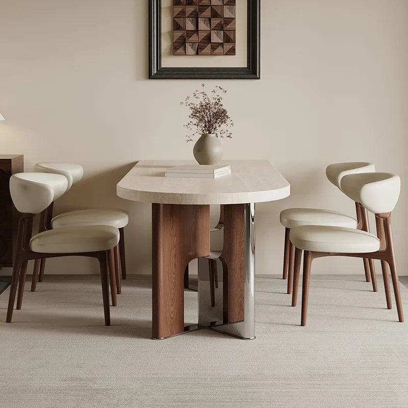 Semi-round dining table retro island platform small apartment against the wall island platform matte travertine rock slab dining
