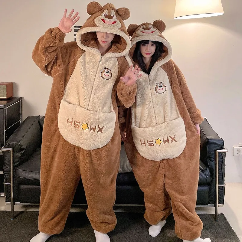 Cute Kigurumi Cartoon Bear Onesie Pajamas Couple Winter Warm Thick Hooded Homewear Women Men Soft Sleepwear with Pocket Zipper
