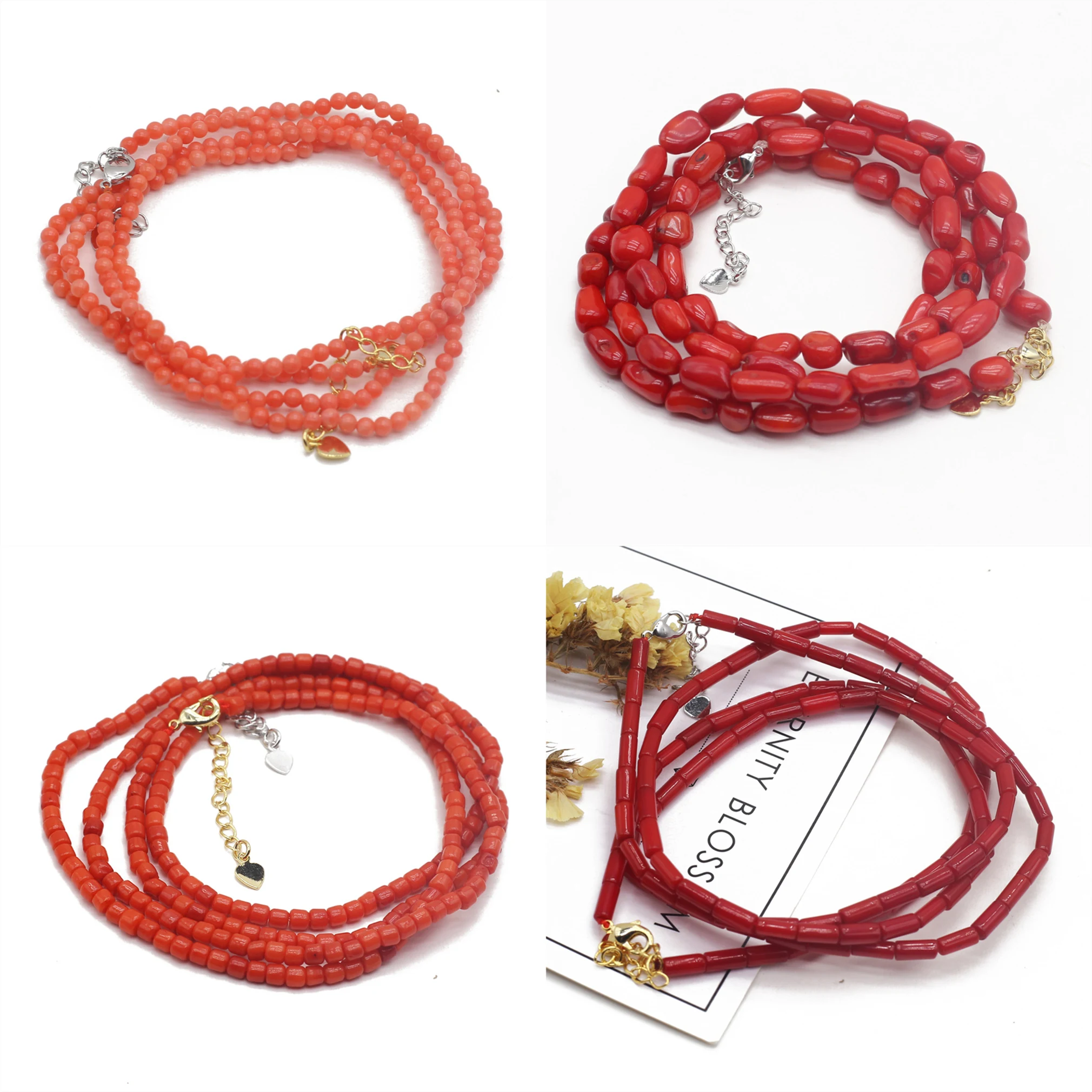 Natural Red Coral Beads Necklace Bracelet Gold Silver Buckle Oval Square Round Beads Chains Choker Necklace for Women Jewelry