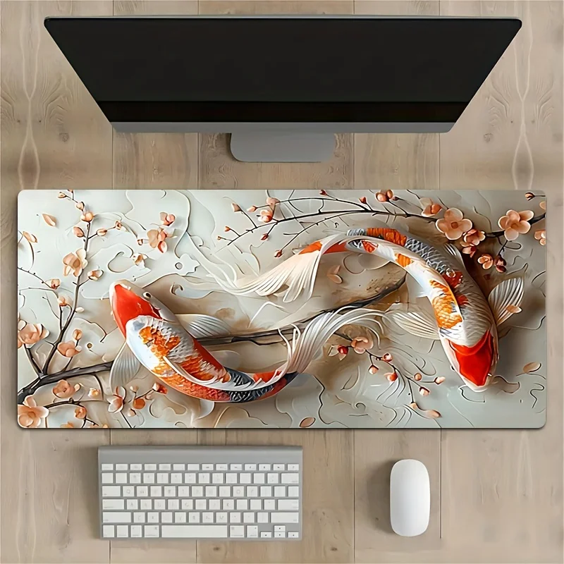 

Rectangular mousepad with koi fish is durable with sewn edges and anti-slip natural rubber base, suitable for offices and gamers