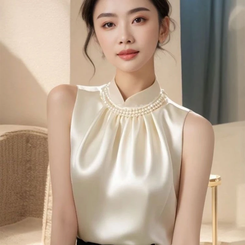 

2025 Spring Summer Women Chinese Style Pearls Beige Sleeveless Imitation Silk Top Shirt , Woman Elegant Cheongsam Tops Shirts