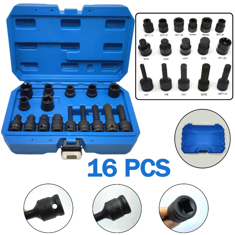 16PCS Universal Master Brake Caliper Socket Set 1/2" Square Compatible with Most Cars, 5pt 7pt 10pt M14 M18 & Hex Sockets