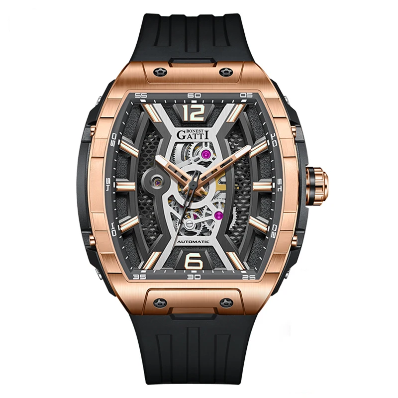 BONEST GATTI ساعة أوتوماتيكية للرجال 46 مللي متر * 51 مللي متر Tonneau ساعة اليد الميكانيكية الجوف خارج الهاتفي الياقوت مضيئة حزام مطاط الفلور
