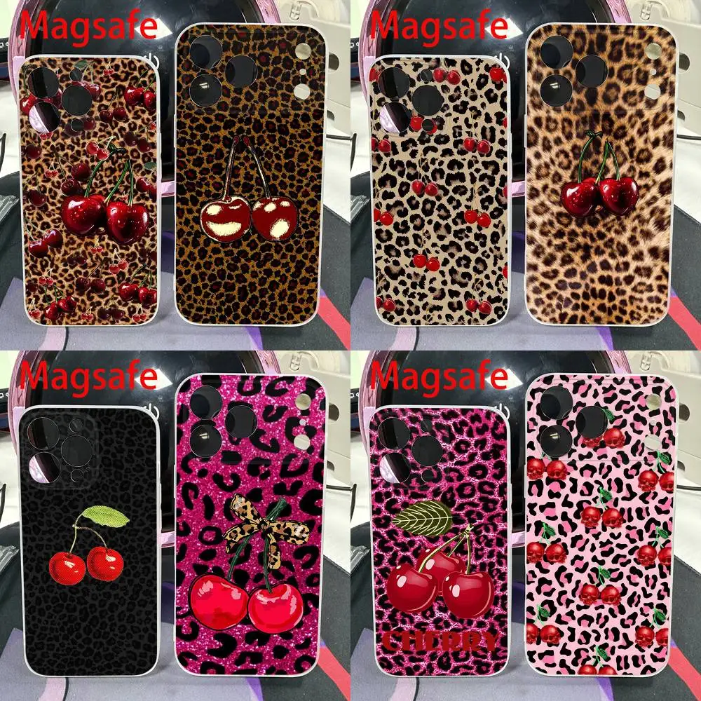 Cherry Leopard Print Pink Red Phone Case For iPhone 14,16,15,11,13,17,12,Air,Mini,Plus,E,Pro,Max Magnetic Magsafe Frosted Cover