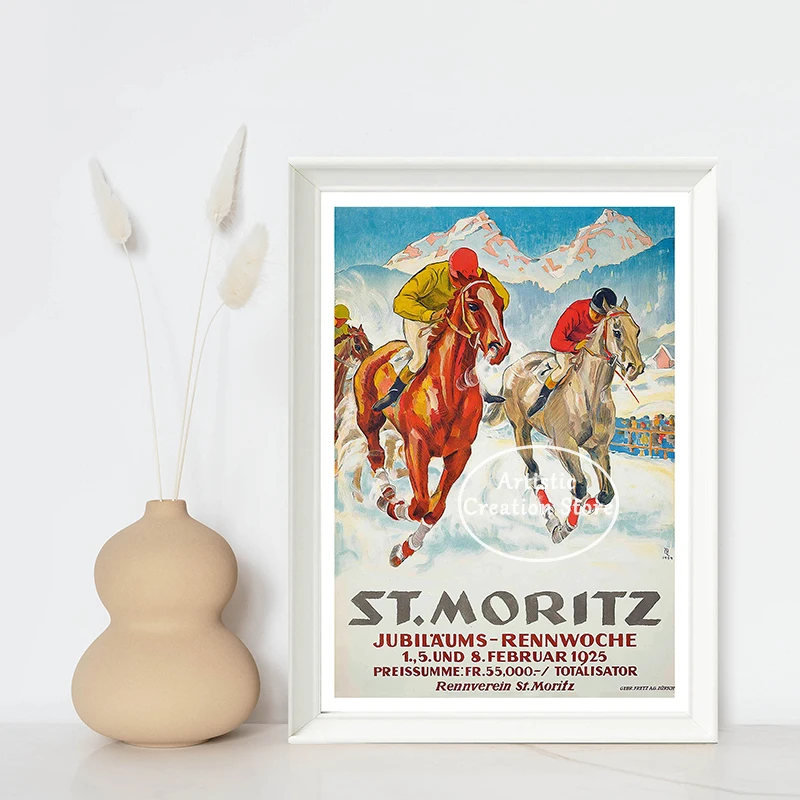 90s Vintage Sport Poster Horse Racing St Moritz Switzerland Art Ski Yachting Canvas Painting Wall Art Nordic Bedroom Home Decor