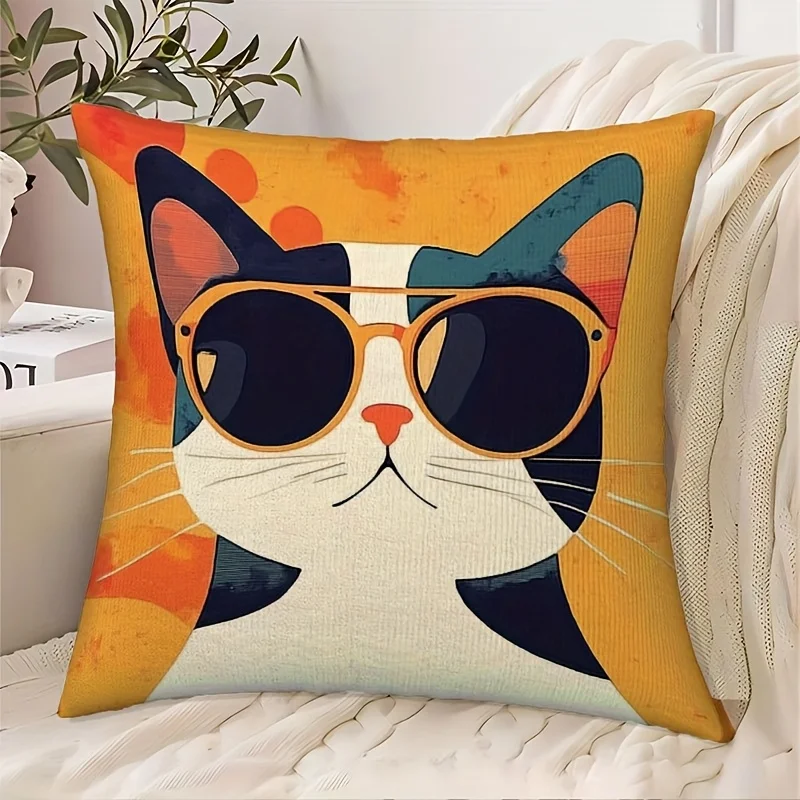 Cool Cat with Sunglasses Throw Pillow Cover Retro Orange Abstract Decorative Pillow Case for Cat Lovers
