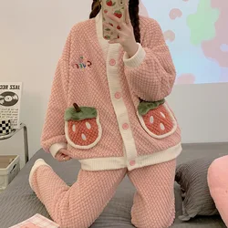 Yasuk Winter Women Girl Casual Warm Soft Hooded Sleepwear Pajamas With Pant Velvet Fleecel Cute Thick Pocket Strawberries Sweet