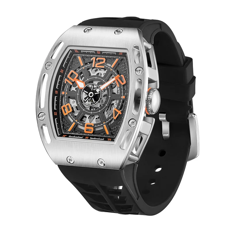 All Stainless Steel Unique Barrel Shape Design Skeleton Dial Silicone Rubber Band Men Quartz Watch