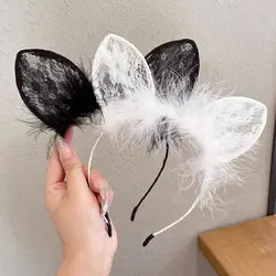 Sexy White Black Head Bezel Hairy Feather Lace Cat Ears Cute HairBand Solid Color Cosplay Headdress Girls Women Hair Accessories