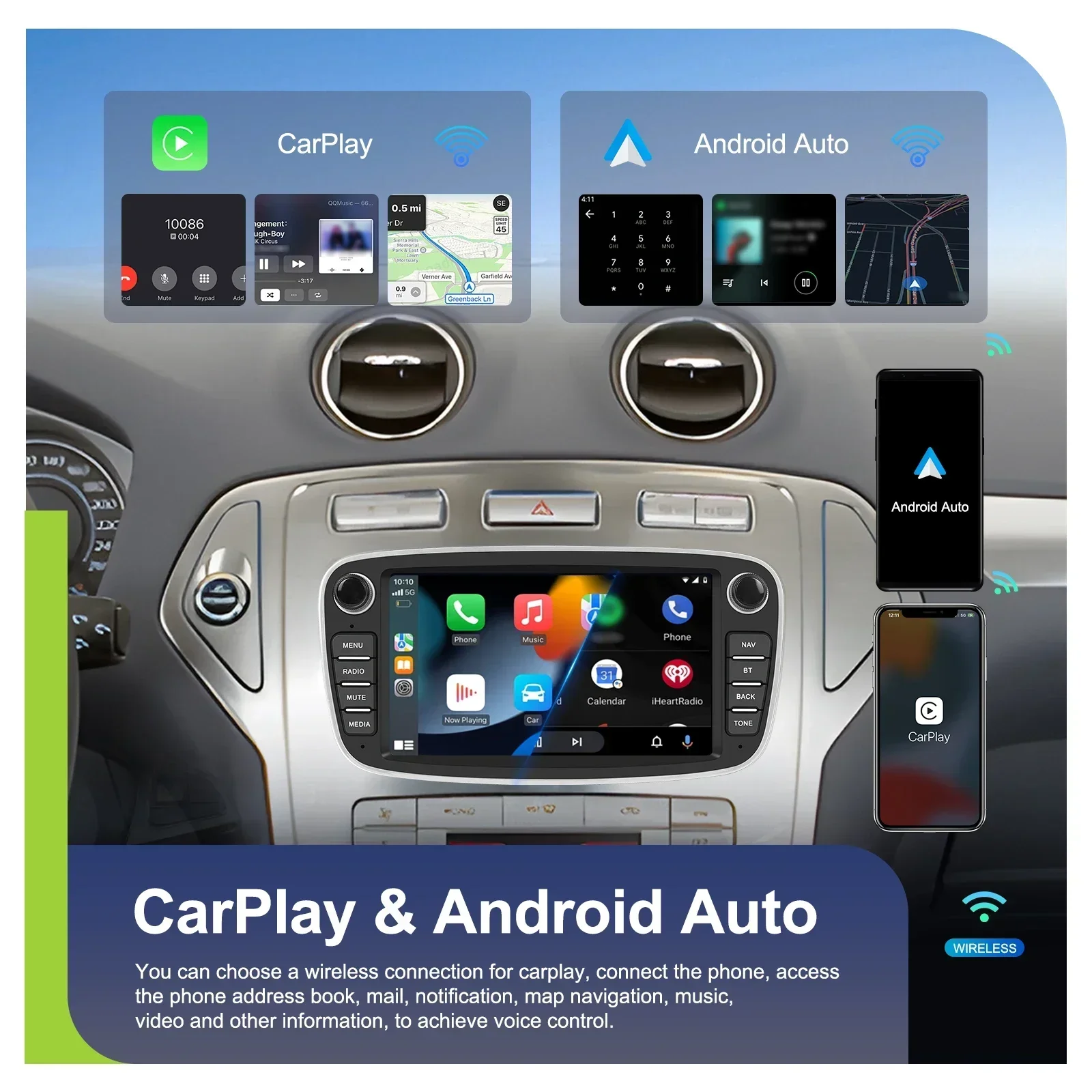 2026 Podofo Android CarStereo7'' IPS 4+64G Wireless CarPlay/Android Auto GPS WIFI FM RDS AI DSP for Focus II/S-Max/Mondeo 9