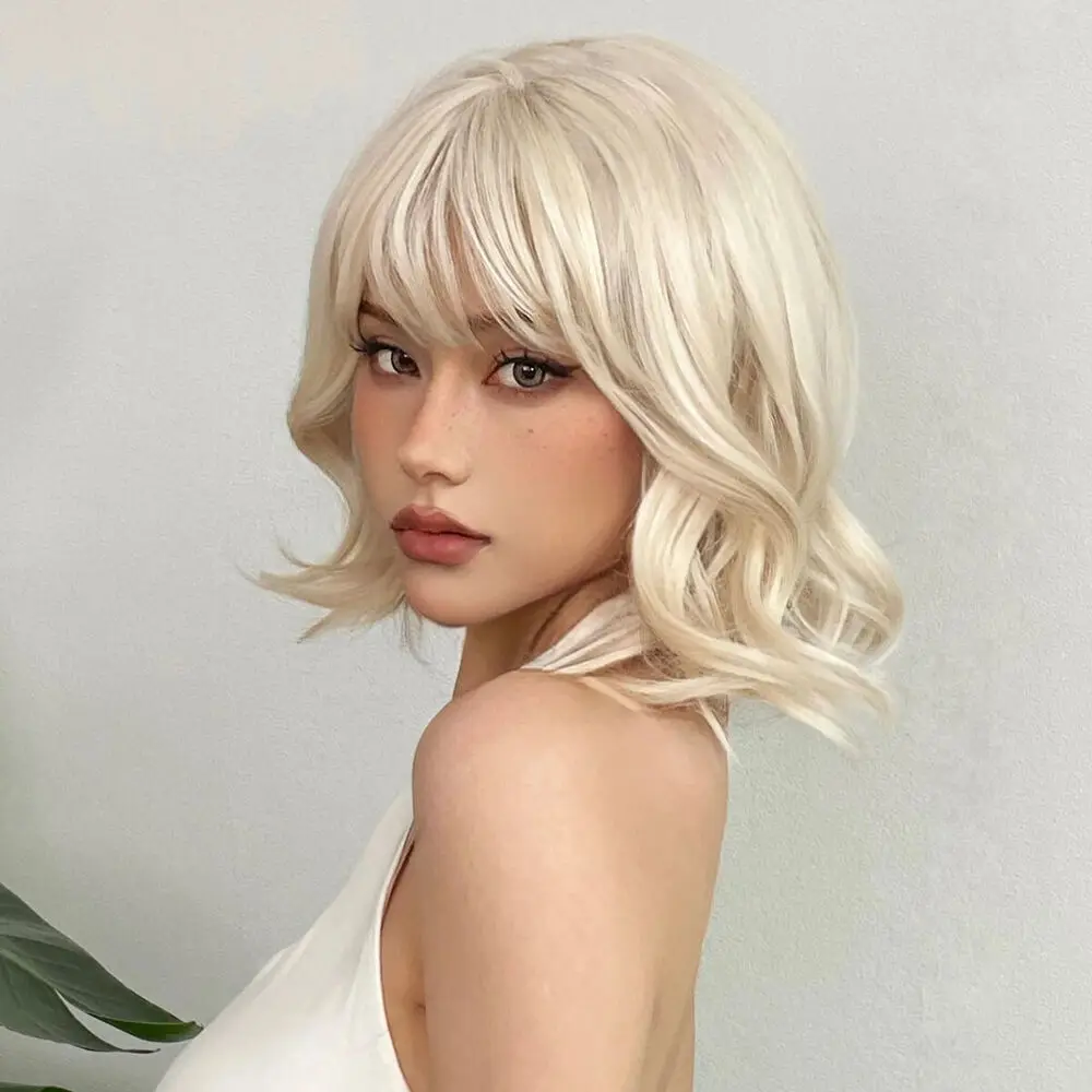 ALAN Platinum Short Wave Bob Hair parrucche sintetiche biondo chiaro con frangia