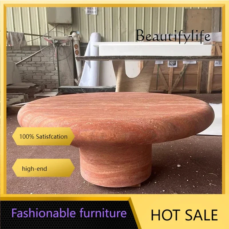

aQ DS Natural Red Travertine Coffee Table Designer Villa Living Room Home Light Luxury Marble Design Personalized Coffee Table